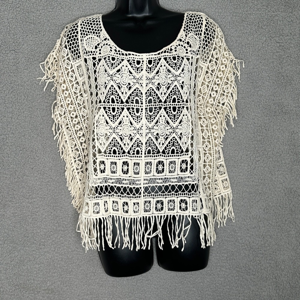 Cato Large Cream Crochet Fringe Boho Top‎ Cotton
